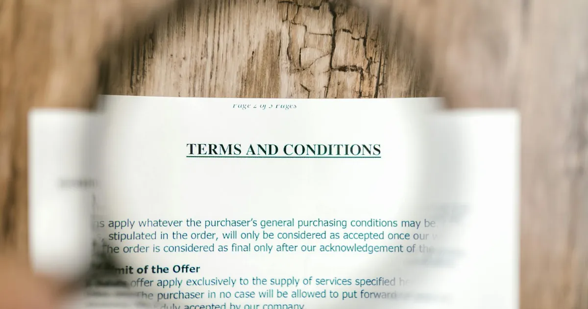 Magnifying glass focusing on terms and conditions document on wooden surface.