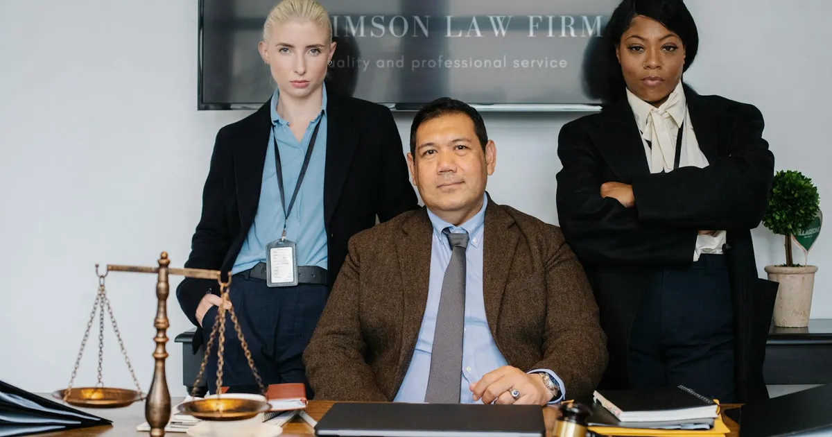 Diverse law firm employees in suits at a desk. Scale and gavel signify justice.