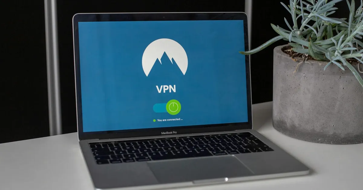 Laptop with VPN screen and a succulent plant on a desk, emphasizing online privacy and security.