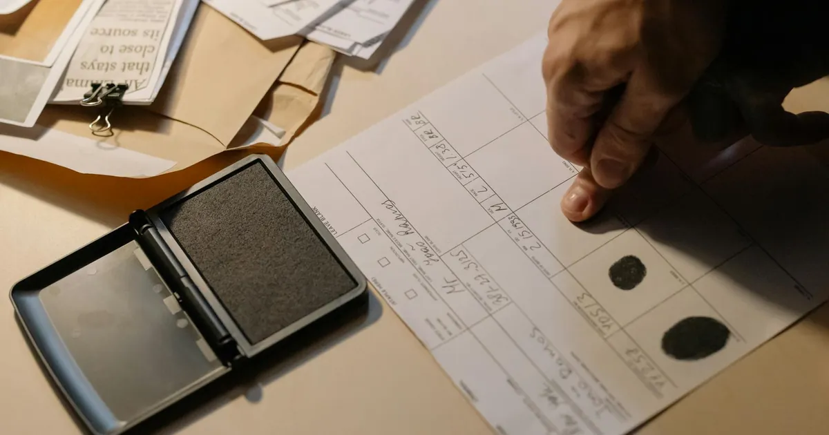 Detailed view of a hand taking fingerprints on a document with ink pad on desk.