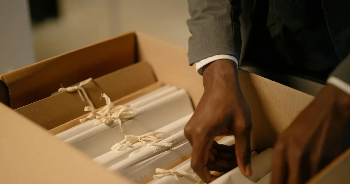 Close-up of a professional arranging tied documents inside a box, symbolizing organization and efficiency.