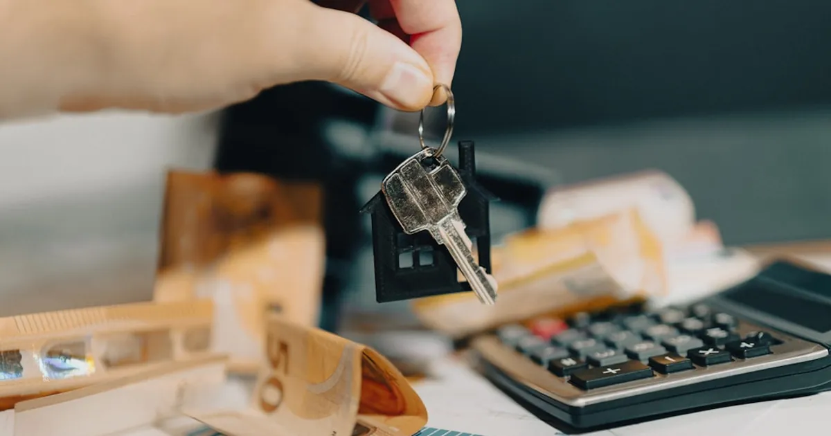 A person holding a house key in front of a calculator
