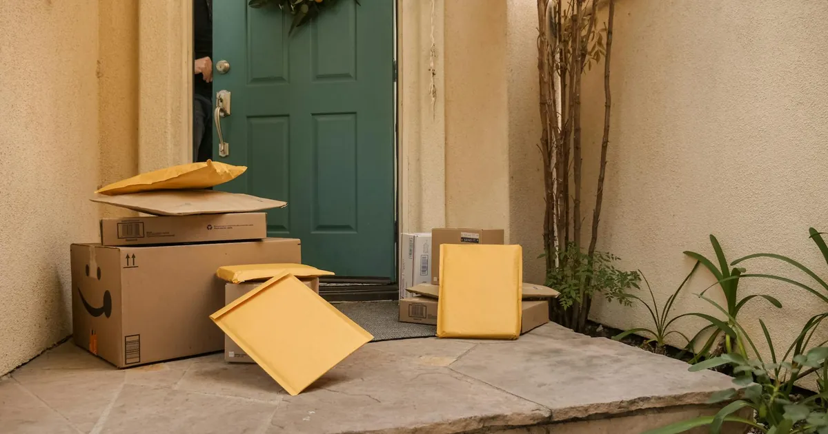 Multiple delivery packages and parcels stacked at a teal front door entrance on a porch.