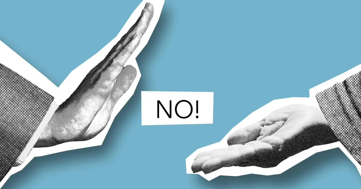 Artistic image showing hands with a 'NO!' message symbolizing disagreement.