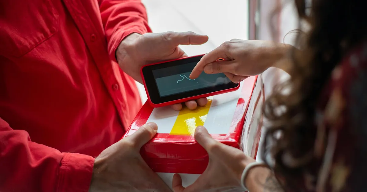 A customer signs for a package using a digital device, enhancing delivery efficiency.